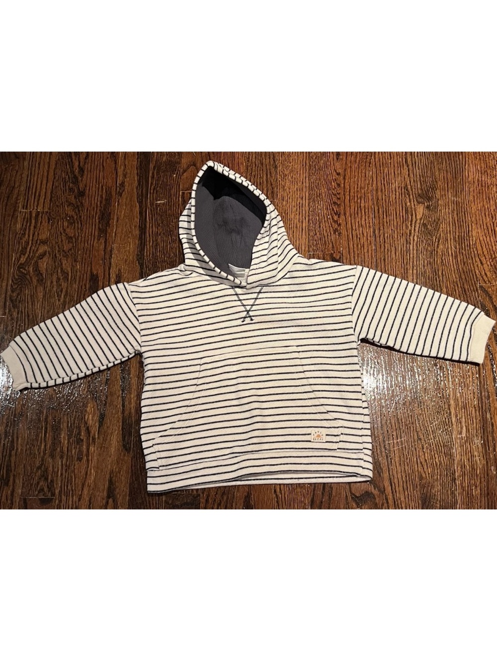 Zara Toddler Boy Gray Pullover Hoodie Beige W/ Navy Stripes Size 2-3 Yrs